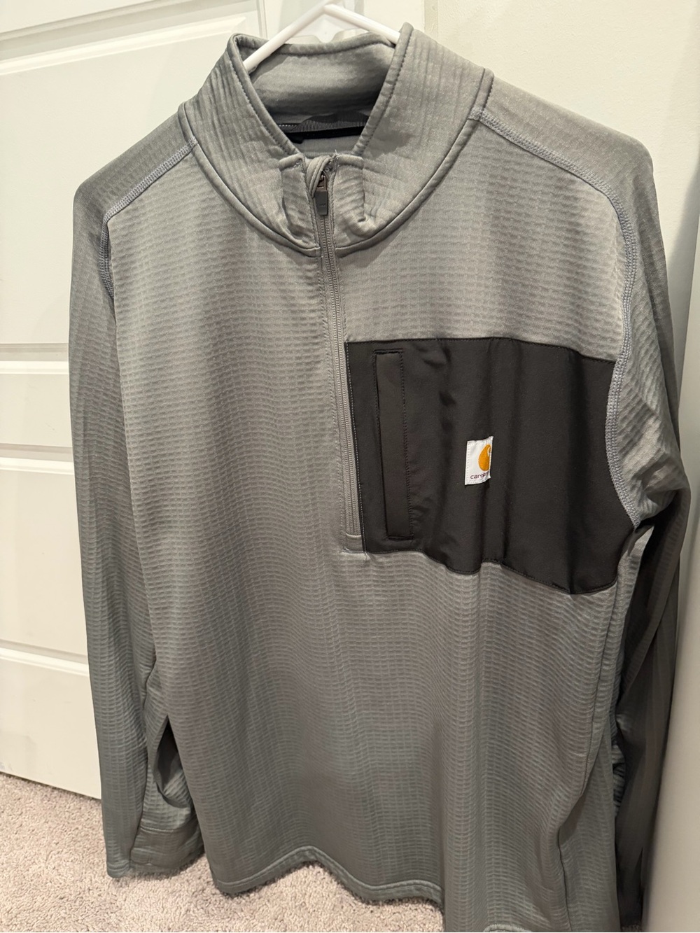 Carhartt Men's Gray Quarter-Zip Pullover with Black Chest Panel and Logo